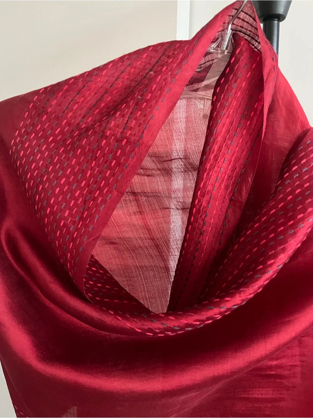 FabIndia Style Handwoven 100% Silk Kantha Hand Embroidered Wrap Stole Red 74
